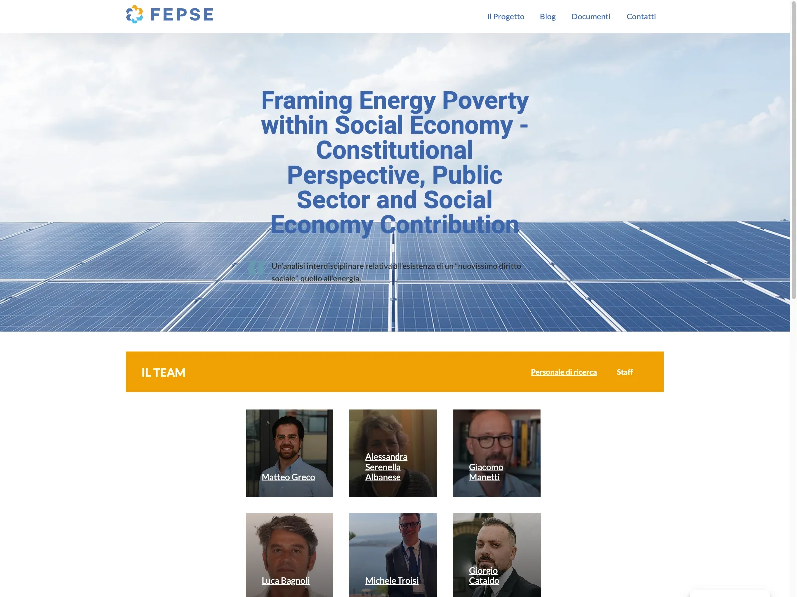 FEPSE Prin, versione desktop: homepage del progetto di ricerca