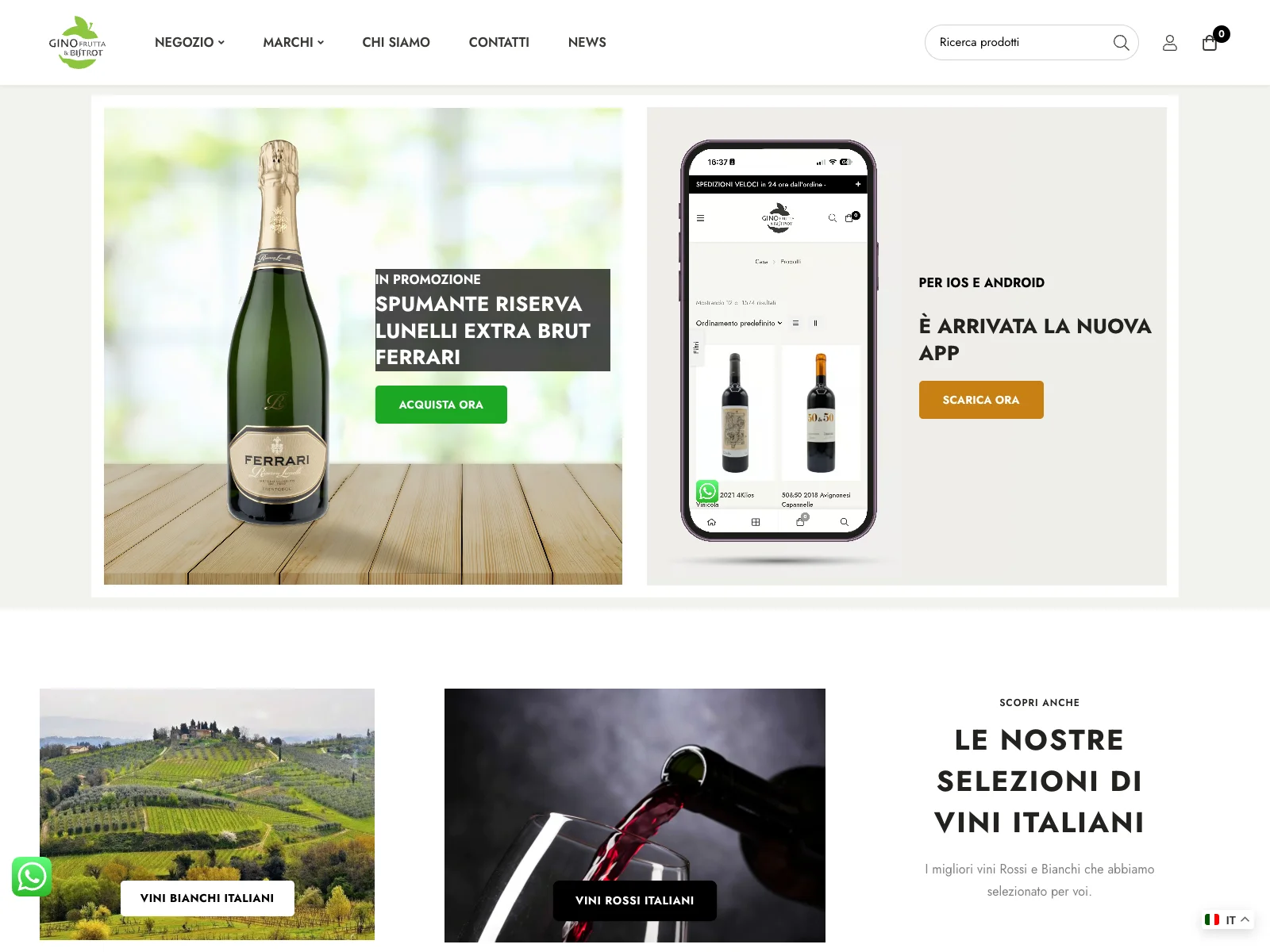 Gino Frutta & Bistrot, versione desktop: homepage dello shop di vini